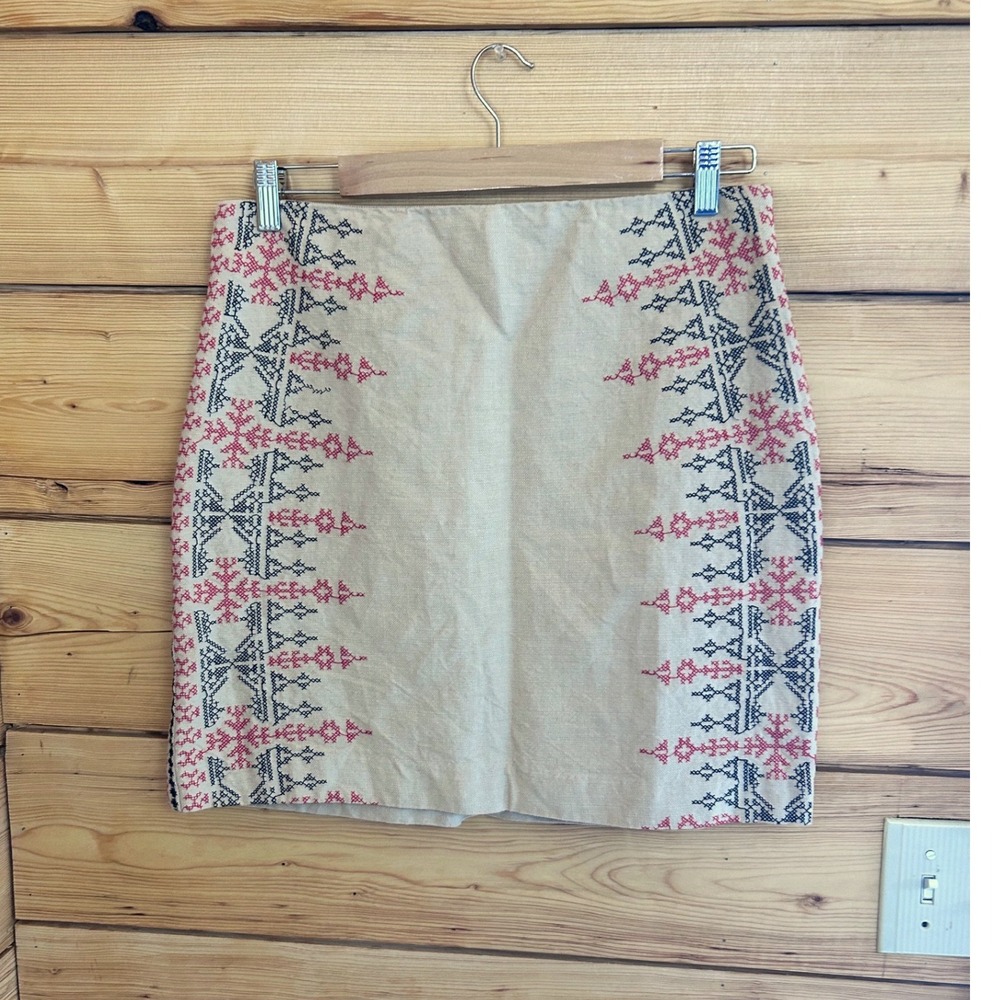 Ann Taylor LOFT Embroidered Cotton Linen Blend Mini Skirt Beige Red Black Sz 8